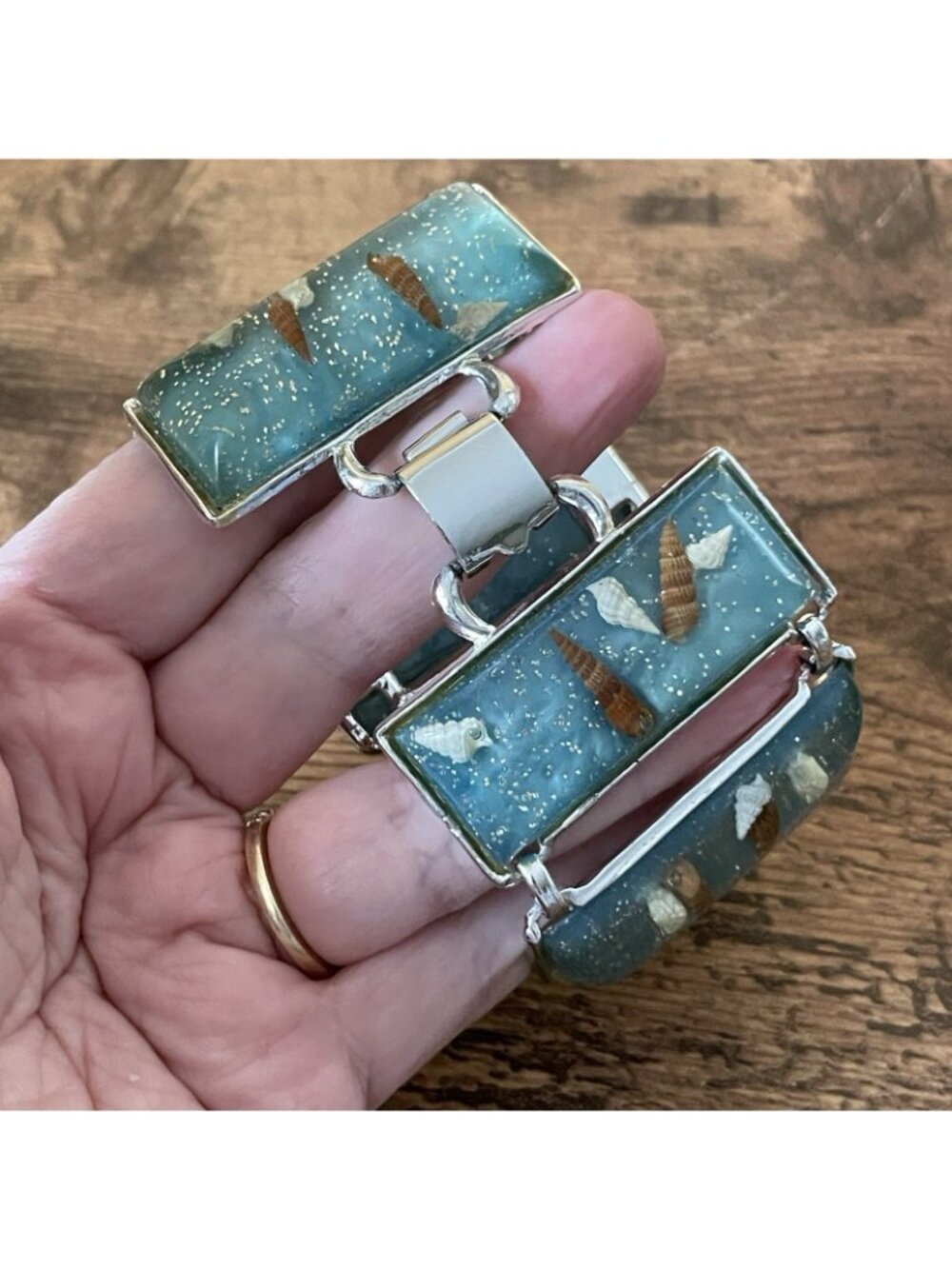 Vintage 1950s Panel Bracelet Blue Confetti Lucite Seashells Silver Tone Wide - Picture 16 of 16